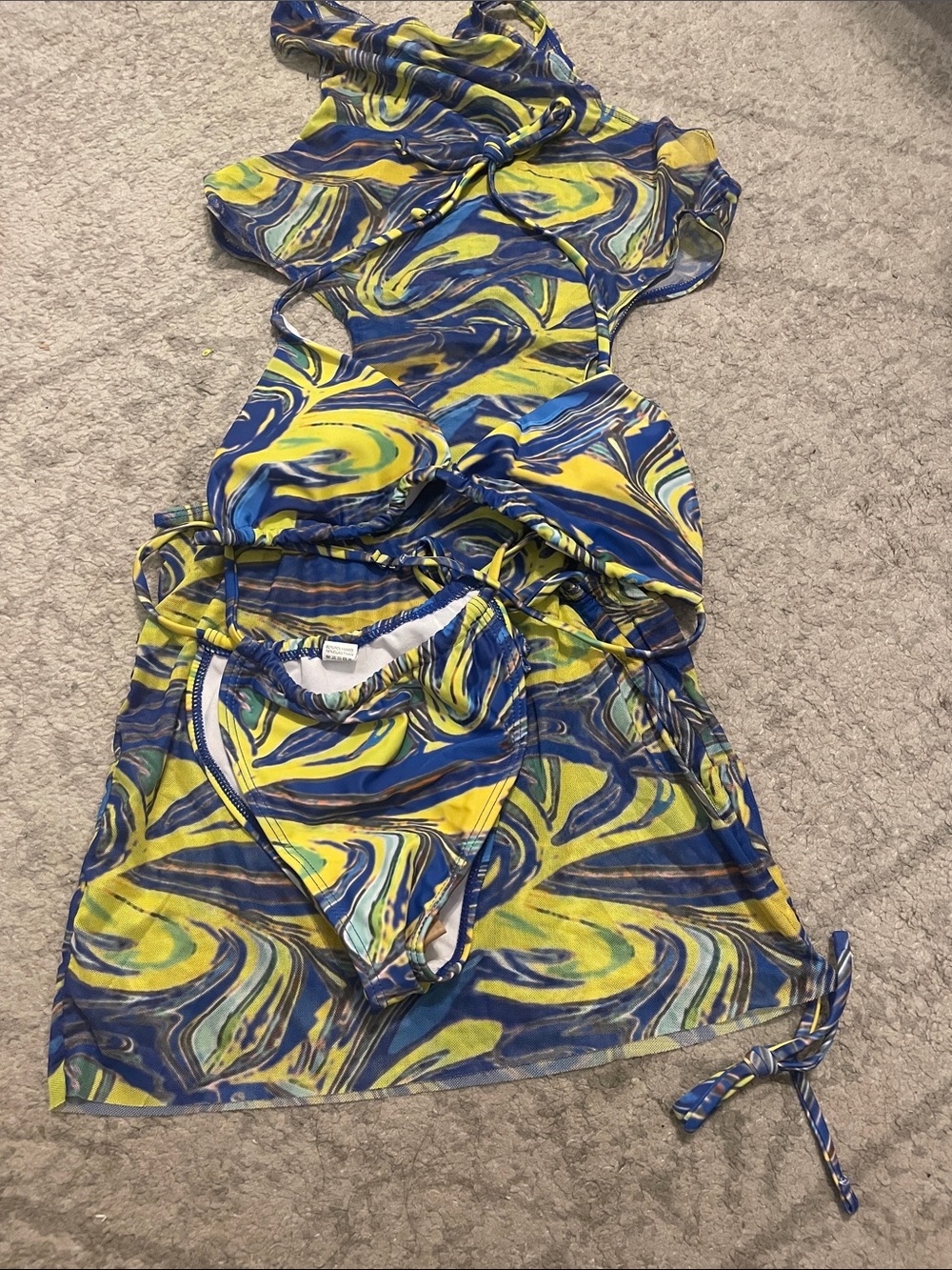 Girls Swirl Print Blue & Yellow Beach Dress with Bikini Set